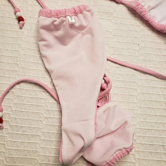 2/$25-Bikini NWOT 90S Inspired Barbiecore Beaded Bubblegum Pink Triangle Tie Up - Picture 10 of 11